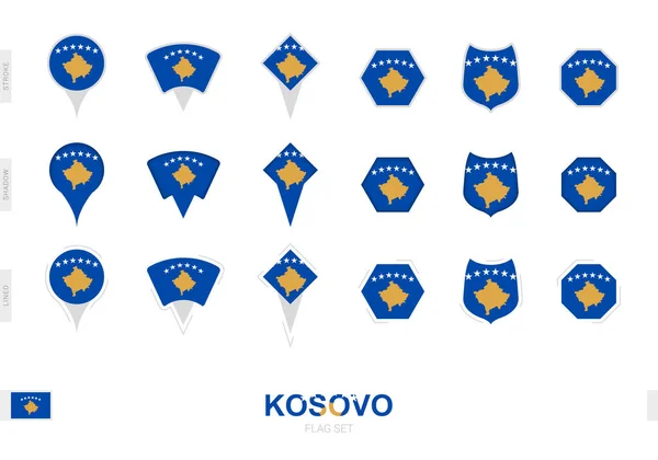 Collezione Della Bandiera Del Kosovo Diverse Forme Con Tre Effetti — Vettoriale Stock