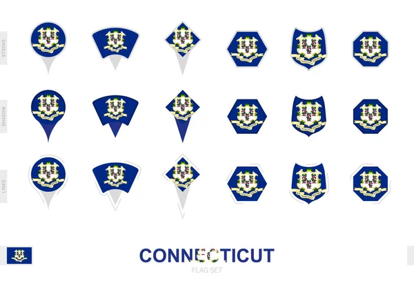 Koleksi Bendera Connecticut Dalam Bentuk Yang Berbeda Dan Dengan Tiga - Stok Vektor