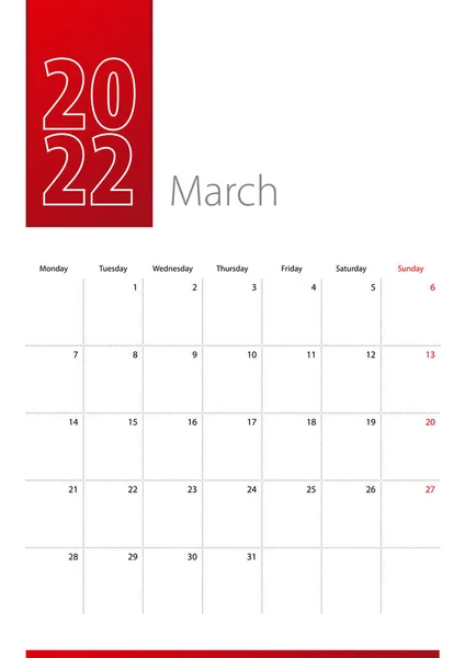 Marzo 2022 Diseño Del Calendario Semana Comienza Lunes Plantilla Calendario — Archivo Imágenes Vectoriales