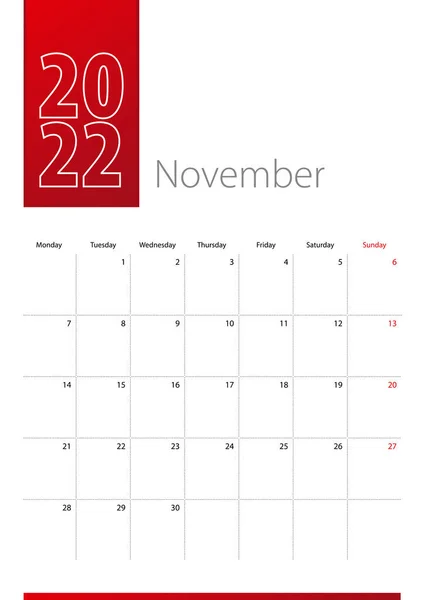 Listopad 2022 Projekt Kalendarza Tydzień Zaczyna Się Poniedziałek Pionowy Wzór — Wektor stockowy