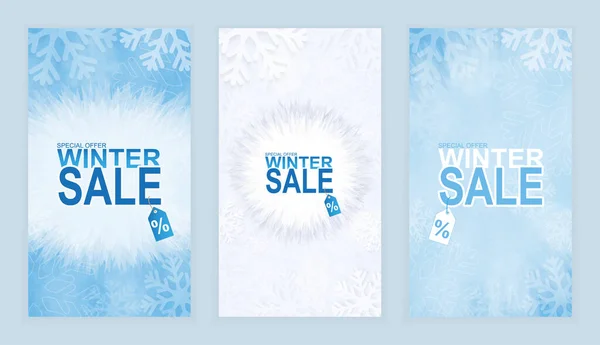 Set Banners Winter Sale Banner Snowflakes Sale Texts Promote Discounts — Stock Vector