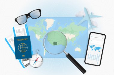 Seyahat teçhizatıyla Fildişi Sahili 'ne yapılan gezinin kavramsal çizimi.