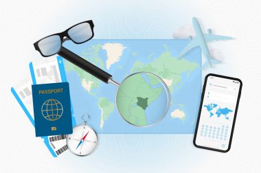 Seyahat teçhizatıyla Kenya seyahatinin kavramsal çizimi.