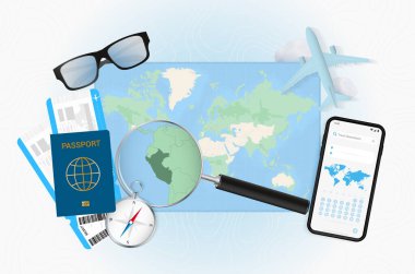 Seyahat teçhizatıyla Peru seyahatinin kavramsal illüstrasyonu.