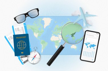 Seyahat teçhizatıyla Kuzey Kore seyahatinin kavramsal çizimi.