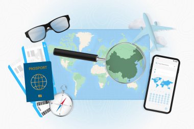 Seyahat teçhizatıyla Çin seyahatinin kavramsal çizimi.