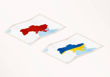 Ukrayna 'nın iki katlı haritasında Ukrayna bayrağı ve kırmızı renkli işaretler var..