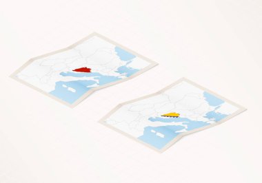 Bosna-Hersek 'in bayraklı ve kırmızı renkli iki adet Bosna-Hersek haritası.