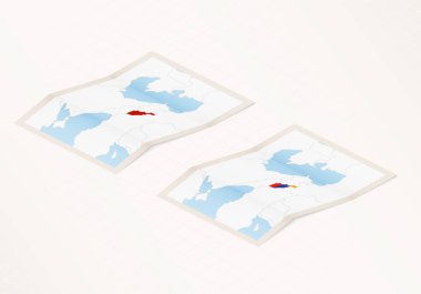 Ermenistan bayrağıyla katlanmış Ermenistan haritasının iki versiyonu ve kırmızı renkli işaretli.