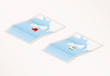 Katlanmış İrlanda haritasının iki versiyonu. İrlanda bayrağı ve kırmızı renkli..
