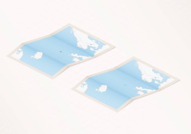 Faroe Adaları 'nın iki katlı haritasında Faroe Adaları bayrağı ve kırmızı renkli işaretler var..