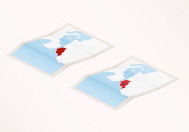 Fas bayrağıyla katlanmış ve kırmızı renklerle işaretlenmiş Fas haritasının iki versiyonu.