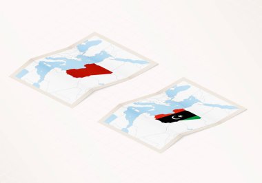 Libya 'nın katlanmış bir haritasının iki versiyonu, Libya bayrağı ve kırmızı renklerle işaretlenmiş..