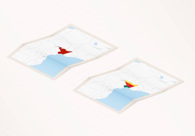 Kamerun 'un katlanmış bir haritasının iki versiyonu. Kamerun bayrağı ve kırmızı renkli..