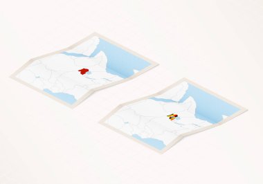 Uganda bayrağıyla katlanmış Uganda haritasının iki versiyonu ve kırmızı renkli işaretler..
