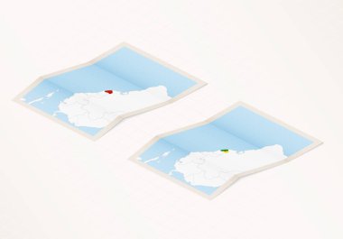 Fransız Guyanası 'nın iki katlı haritası. Fransız Guyanası' nın bayrağı ve kırmızı renkli..