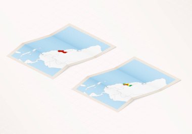 Guyana 'nın iki katlı haritasında Guyana bayrağı ve kırmızı renkli işaretler var..