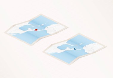 Nikaragua bayrağına sahip katlanmış Nikaragua haritasının iki versiyonu ve kırmızı renkli işaretli.