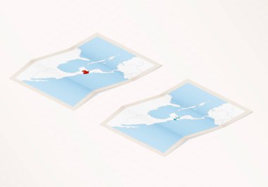 Guatemala 'nın katlanmış bir haritasının iki versiyonu. Guatemala bayrağı ve kırmızı renkli..