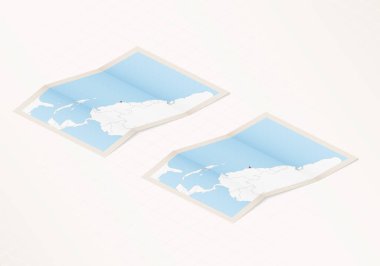 Trinidad ve Tobago 'nun iki katlı haritası. Trinidad ve Tobago bayrağı ve kırmızı renkli..