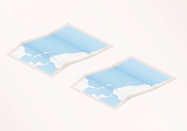 Antigua ve Barbuda 'nın iki katlı haritası. Antigua ve Barbuda bayrağı ve kırmızı renkli..