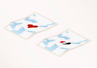 Irak 'ın bayraklı katlanmış haritasının iki versiyonu ve kırmızı renkli işaretler..
