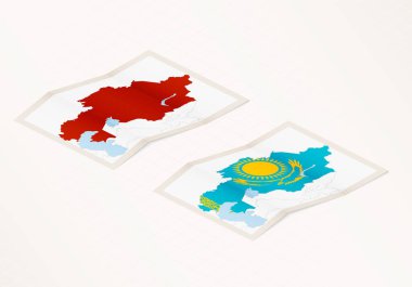 Kazakistan 'ın iki katlı haritasında Kazakistan bayrağı ve kırmızı renkli işaretler var..