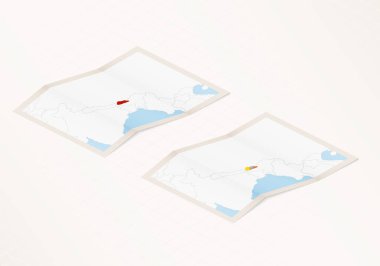 Katlanmış Bhutan haritasının iki versiyonu, Butan ülkesinin bayrağıyla ve kırmızı renklerle işaretlenmiş..