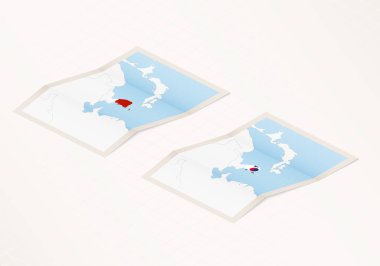 Güney Kore 'nin bayrağıyla ve kırmızı renklerle işaretlenmiş iki farklı Güney Kore haritası..