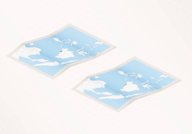 Brunei 'nin katlanmış bir haritasının iki versiyonu. Brunei bayrağı ve kırmızı renkli..