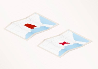 Katlanmış Alabama haritasının iki versiyonu. Alabama bayrağı ve kırmızı renkli..