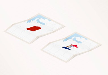 Iowa bayrağı ve kırmızı renklerle işaretlenmiş Iowa 'nın katlanmış iki versiyonu.