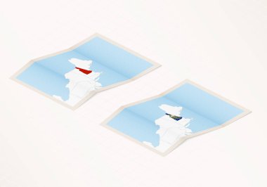 New Hampshire 'ın katlanmış bir haritasının iki versiyonu. New Hampshire bayrağı ve kırmızı renkli..