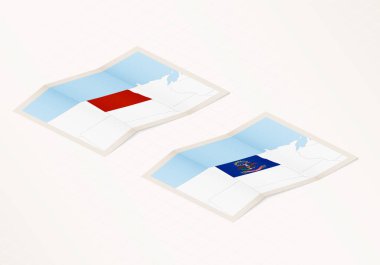 Kuzey Dakota 'nın iki katlı haritası. Kuzey Dakota bayrağı ve kırmızı renkli..