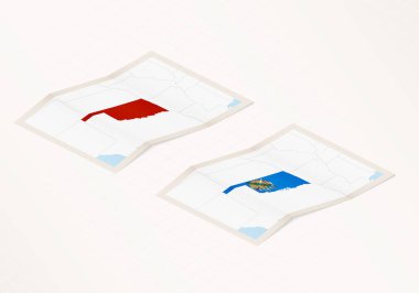 Oklahoma 'nın iki katlı haritası. Oklahoma bayrağı ve kırmızı renkli..