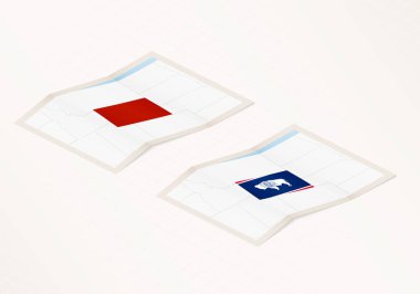 Wyoming 'in iki katlı haritasında Wyoming bayrağı ve kırmızı renkli işaretler var..