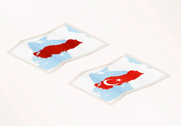 Duas Versões Mapa Dobrado Turquia Com Bandeira País Turquia Com — Vetor de Stock