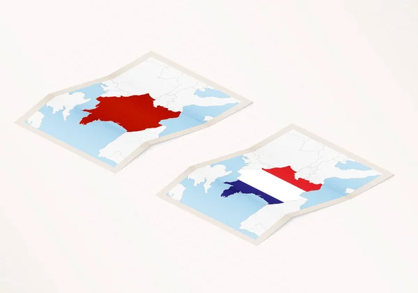 フランスの国旗と赤い色が強調された二つのバージョンのフランスの折り畳まれた地図 — ストックベクタ