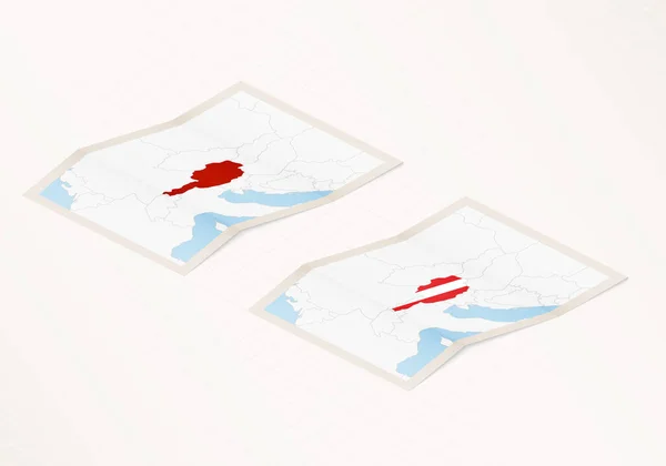 オーストリアの国旗と赤い色が強調された2つのバージョンのオーストリアの折り畳まれた地図 — ストックベクタ