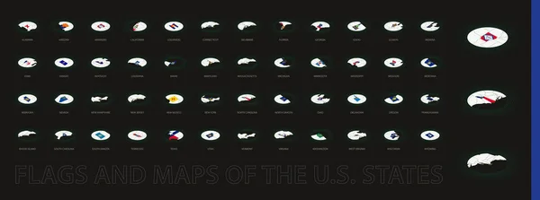 Colección Mapas Ovalados Banderas Los Estados Estados Unidos Color Oscuro — Vector de stock