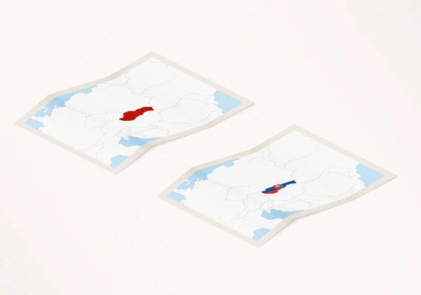 Deux Versions Une Carte Pliée Slovaquie Avec Drapeau Pays Slovaquie — Image vectorielle