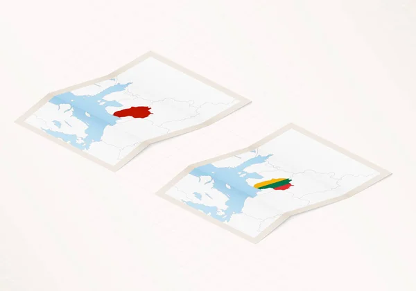 Litvanya Bayrağına Sahip Katlanmış Litvanya Haritasının Iki Versiyonu Kırmızı Renkli — Stok Vektör