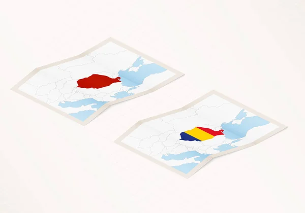 Deux Versions Une Carte Pliée Roumanie Avec Drapeau Pays Roumanie — Image vectorielle