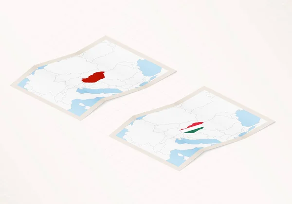 Две Версии Сложенной Карты Венгрии Флагом Венгрии Выделенным Красным Цветом — стоковый вектор