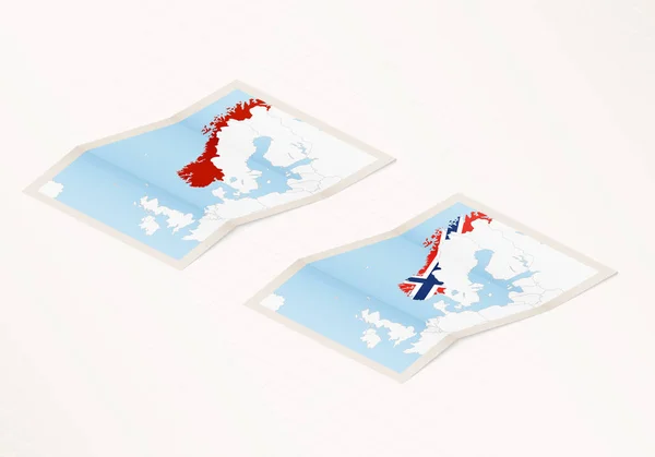 Twee Versies Van Een Gevouwen Kaart Van Noorwegen Met Vlag — Stockvector