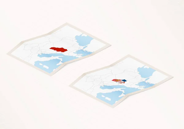 Two Versions Folded Map Serbia Flag Country Serbia Red Color — Stock Vector
