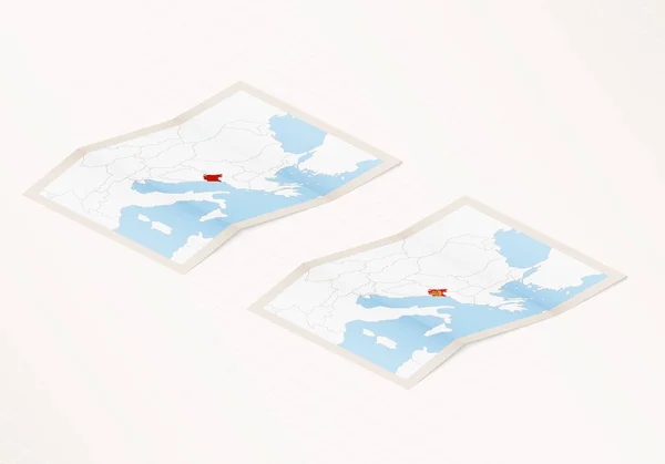 Dos Versiones Mapa Plegado Montenegro Con Bandera Del País Montenegro — Archivo Imágenes Vectoriales