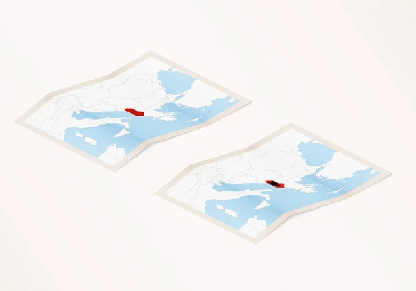 Dos Versiones Mapa Plegado Albania Con Bandera Del País Albania — Vector de stock