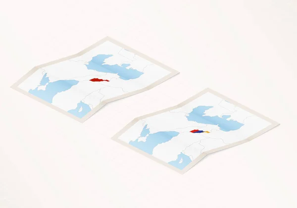 带有亚美尼亚国旗和醒目红色的亚美尼亚折叠地图的两个版本 — 图库矢量图片