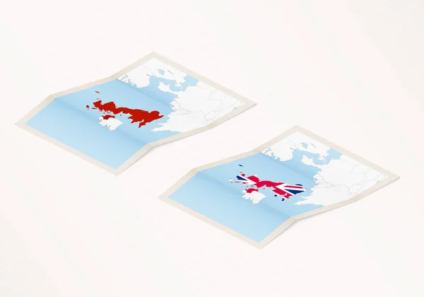Duas Versões Mapa Dobrado Reino Unido Com Bandeira País Reino — Vetor de Stock